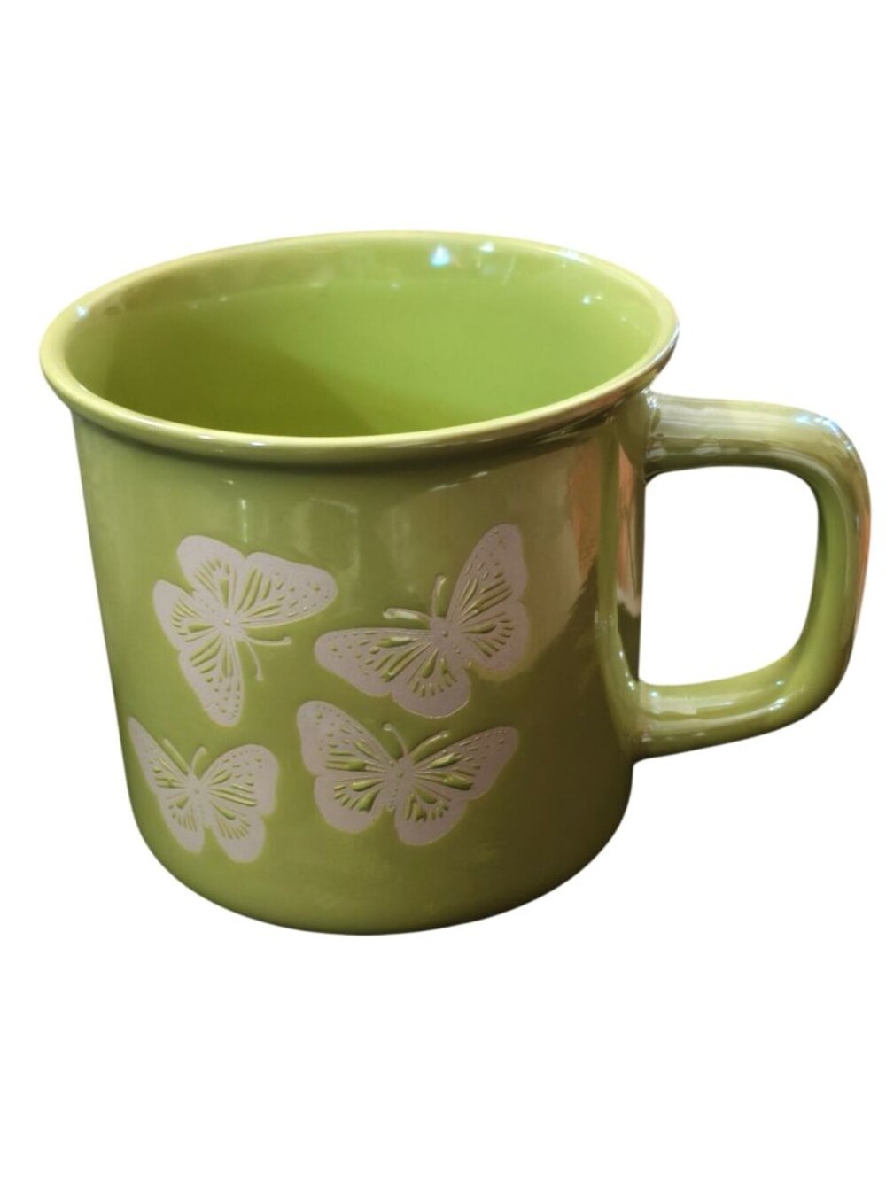 Butterfly Coffee Mug Cup Lime Green Ceramic Embossed Glaze Oversized 4" 12 Oz